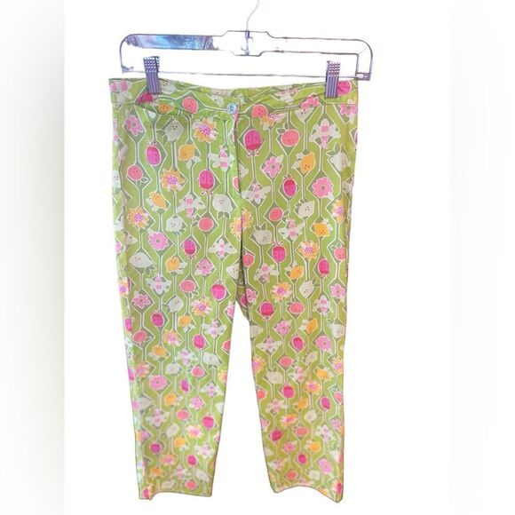 Lilly Pulitzer Sz 2 Lime Green Fuschia Pink a Floral Lemon Ankle Cotton Pants - Picture 2 of 6